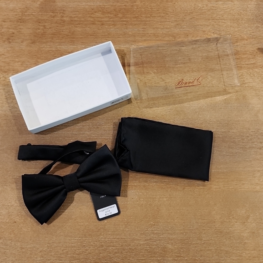 Brand Q Black Bow Tie Pocket Square Set NWT Adjustable Formal Tuxedo - Picture 3 of 4